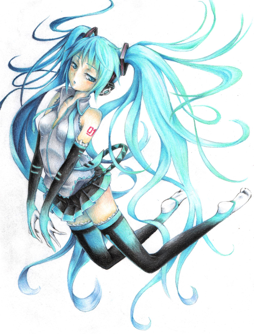 1girl absurdres adapted_costume aruchan bridal_gauntlets hatsune_miku highres looking_at_viewer necktie parted_lips shirt sleeveless sleeveless_shirt soles solo traditional_media twintails untied vocaloid