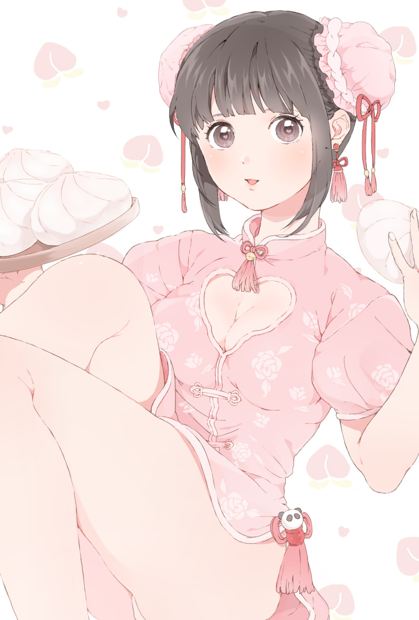 1girl bangs black_hair blunt_bangs blush breasts brown_eyes bun_cover china_dress chinese_clothes cleavage cleavage_cutout double_bun dress earrings fingernails floral_print food heart_cutout highres holding jewelry knees_up legs looking_at_viewer nikuman open_mouth original panda panties pantyshot pink_dress shizuko_(chipccchip) short_sleeves side_slit sitting smile solo tassel tray underwear white_panties