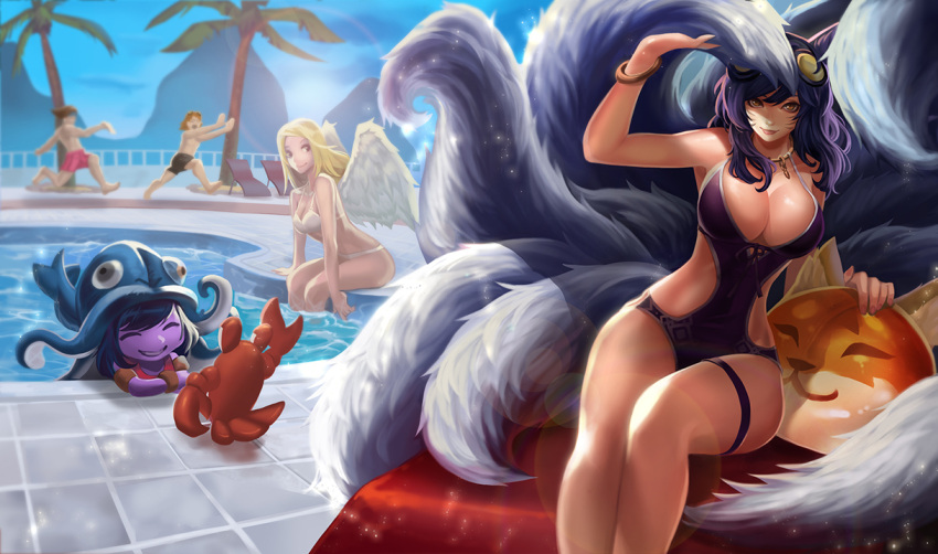 2boys 3girls ahri angel_wings bangs bikini blonde_hair blue_hair blue_swimsuit blurry breasts checkered checkered_floor closed_eyes crab depth_of_field ezreal feathered_wings goomrrat grin kayle large_breasts league_of_legends long_hair looking_at_another looking_at_viewer lulu_(league_of_legends) midriff multiple_boys multiple_girls multiple_tails one-piece_swimsuit partially_submerged pool poolside purple_hair purple_skin ripples running short_hair shorts sitting slit_pupils smile swept_bangs swimsuit tail taric wading_pool water wavy_hair wet whisker_markings white_bikini white_swimsuit white_wings wings yellow_eyes