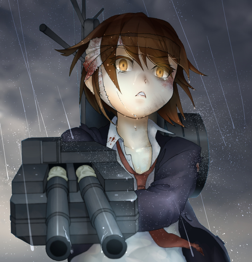 1girl aiming_at_viewer bandages brown_eyes brown_hair clouds cloudy_sky highres kantai_collection kouba_nobu looking_at_viewer machinery rain school_uniform short_hair sky solo storm tears turret wakaba_(kantai_collection) wind