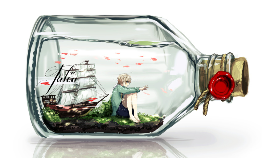 1boy air_bubble blonde_hair blue_eyes bottle canarinu fish highres in_bottle in_container neckerchief original profile reaching sailor_collar ship ship_in_a_bottle shorts sitting smile solo submerged water