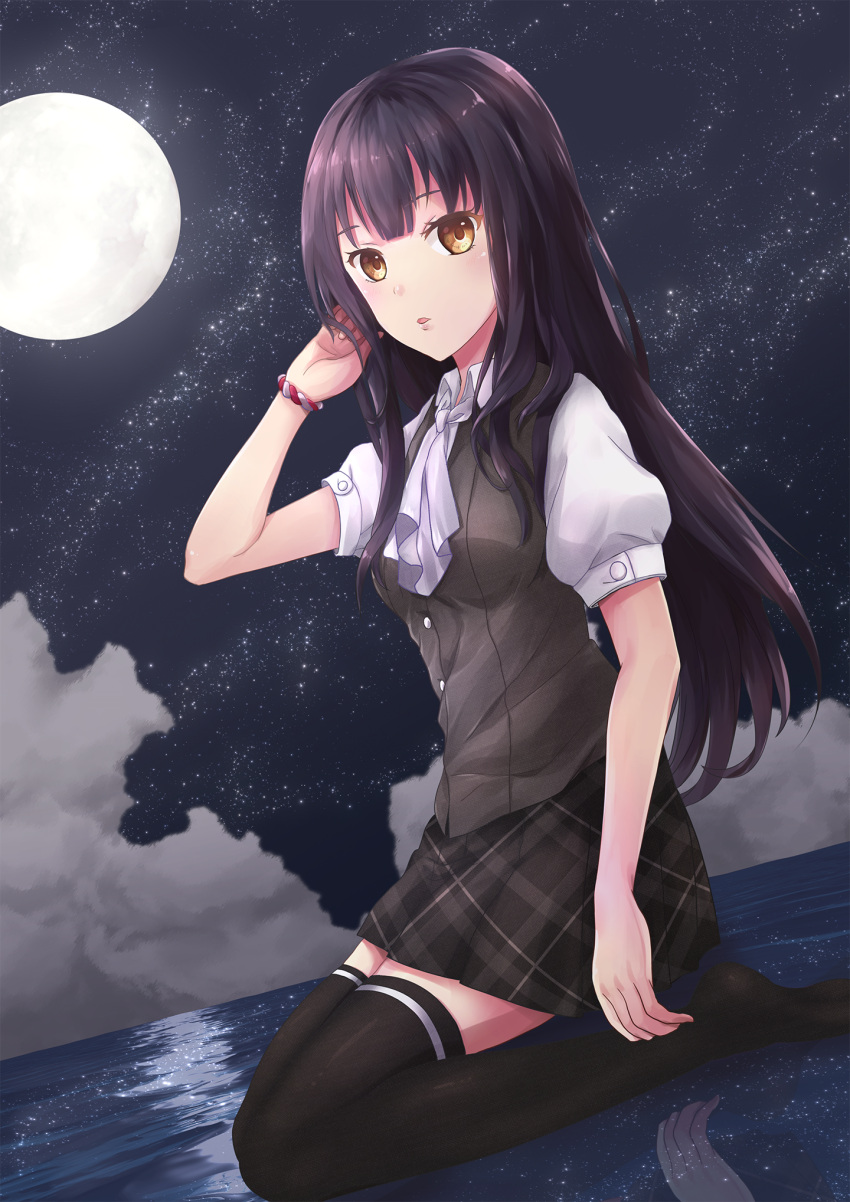 1girl black_hair chaou character_request copyright_request full_moon hand_in_hair highres long_hair looking_at_viewer moon night open_mouth original reflection short_sleeves sitting skirt sky solo star_(sky) starry_sky thigh-highs very_long_hair water yellow_eyes zettai_ryouiki