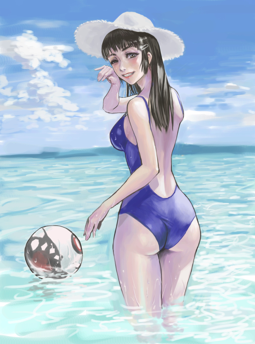 1girl absurdres ass ball beachball blue_sky blue_swimsuit brown_eyes brown_hair clouds cowboy_shot from_behind hair_bun hair_ornament hat highres kantai_collection lips long_hair looking_at_viewer looking_back murasaki-sin myoukou_(kantai_collection) nose one-piece_swimsuit outdoors sky smile solo strap_gap swimsuit wading water wet