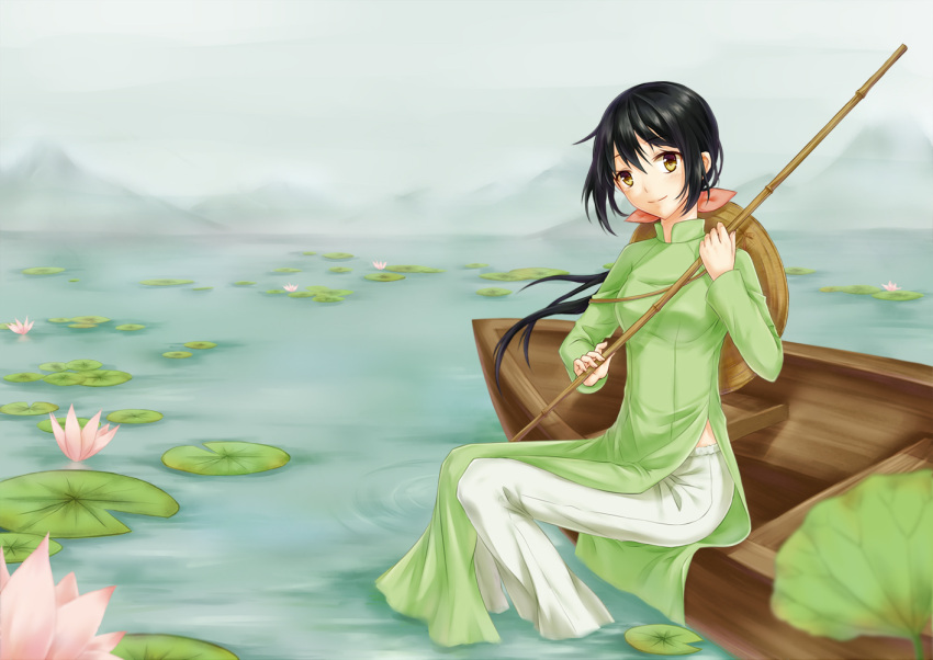 axis_powers_hetalia bamboo black_hair blush boat character_request flower fog hat lake liang_baicai lily_(flower) lily_pad looking_at_viewer mountain sitting water yellow_eyes