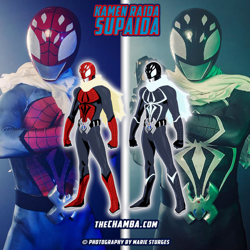 2boys crossover dual_persona helmet highres jeffrey_cruz kamen_rider male marvel multiple_boys parody scarf spider-man spider-man_(series) superhero