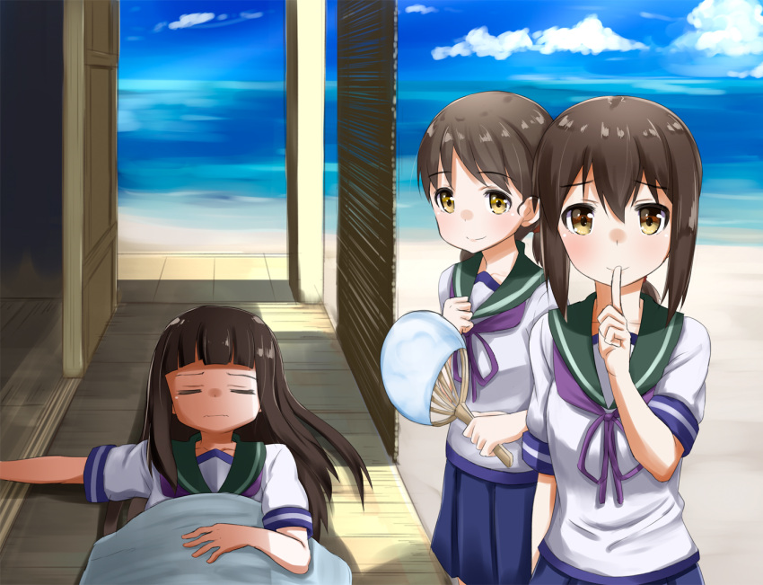 3girls ame. blue_skirt brown_hair closed_eyes closed_mouth commentary_request finger_to_mouth fubuki_(kantai_collection) hatsuyuki_(kantai_collection) kantai_collection long_hair low_ponytail lying multiple_girls neckerchief on_back pleated_skirt ponytail sailor_collar school_uniform serafuku shirayuki_(kantai_collection) short_hair short_sleeves skirt sleeping smile