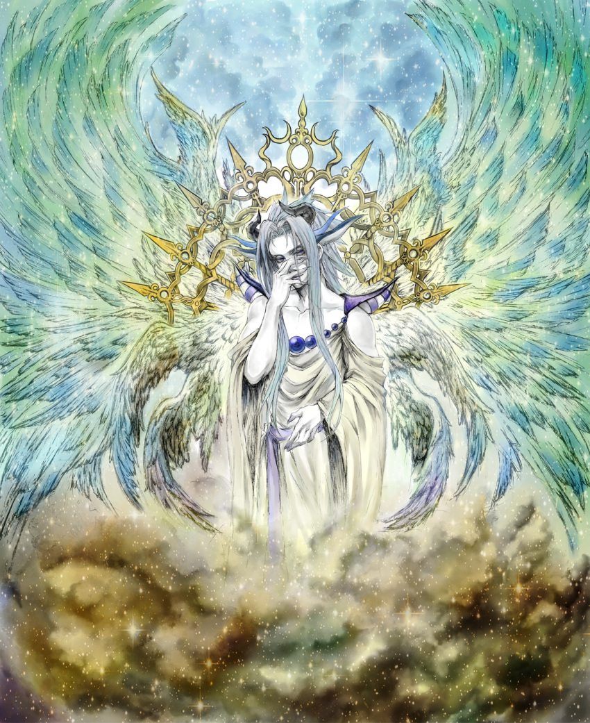 1boy amazake_(minidora373) beads character_request dissidia_final_fantasy final_fantasy fingernails hand_on_own_face highres horns long_fingernails looking_at_viewer multiple_wings pale_skin silver_hair solo star wings