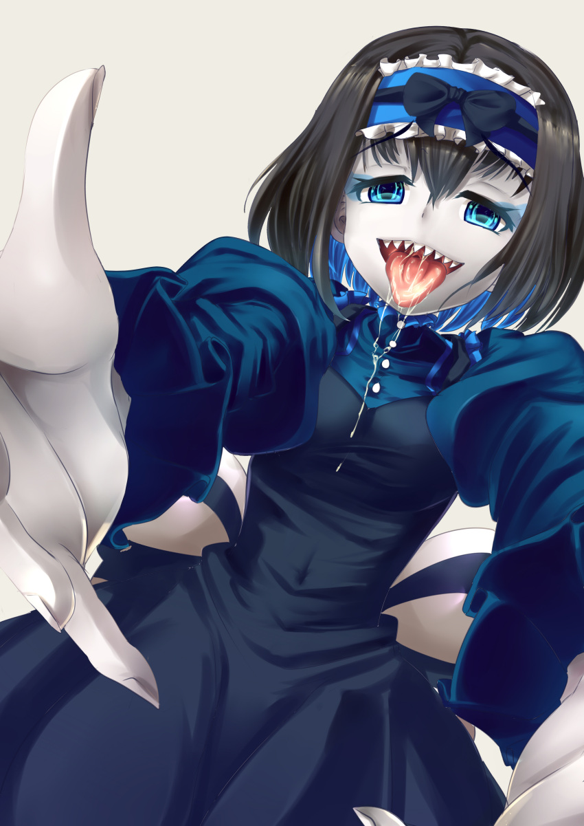 absurdres black_hair blue_eyes blue_hair bow dress eyeshadow garie_tuman hair_ornament hairband highres long_sleeves makeup multicolored_hair open_mouth outstretched_arms pale_skin reaching_out saliva senki_zesshou_symphogear sharp_teeth short_hair simple_background smile tongue tongue_out