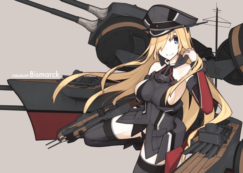 1girl bare_shoulders bismarck_(kantai_collection) blonde_hair blue_eyes breasts cannon character_name chestplate detached_sleeves gloves grin hair_over_one_eye hat highres jewelry kantai_collection large_breasts lavender_background long_hair looking_at_viewer mecha_musume mikoto_(oi_plus) military military_hat military_uniform open_mouth peaked_cap ring sideboob simple_background smile solo thigh-highs turret uniform upper_body