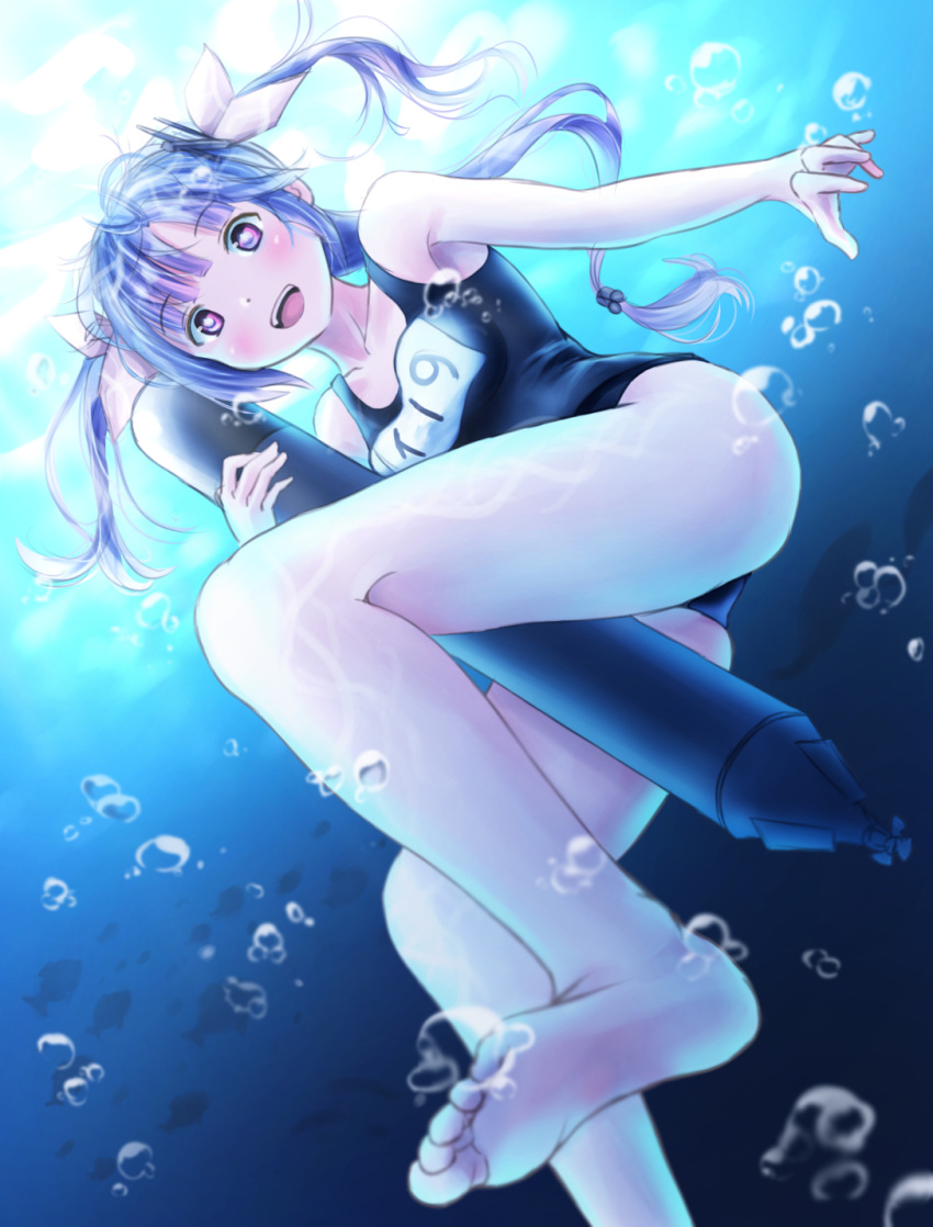 1girl barefoot blue_hair blush breasts bubble collarbone foreshortening hair_ornament hair_ribbon highres i-19_(kantai_collection) kantai_collection long_hair looking_at_viewer one-piece_swimsuit open_mouth papi_(papiron100) ribbon school_swimsuit smile solo swimsuit toes torpedo tri_tails underwater violet_eyes