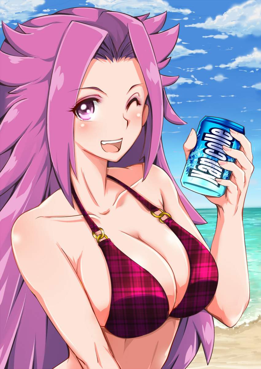 1girl ;d alternate_costume bare_shoulders beach bikini blush breasts can cleavage collarbone commentary_request highres jun'you_(kantai_collection) kantai_collection large_breasts long_hair looking_at_viewer makumaxu one_eye_closed open_mouth plaid plaid_bikini purple_hair red_bikini smile soda_can solo swimsuit violet_eyes