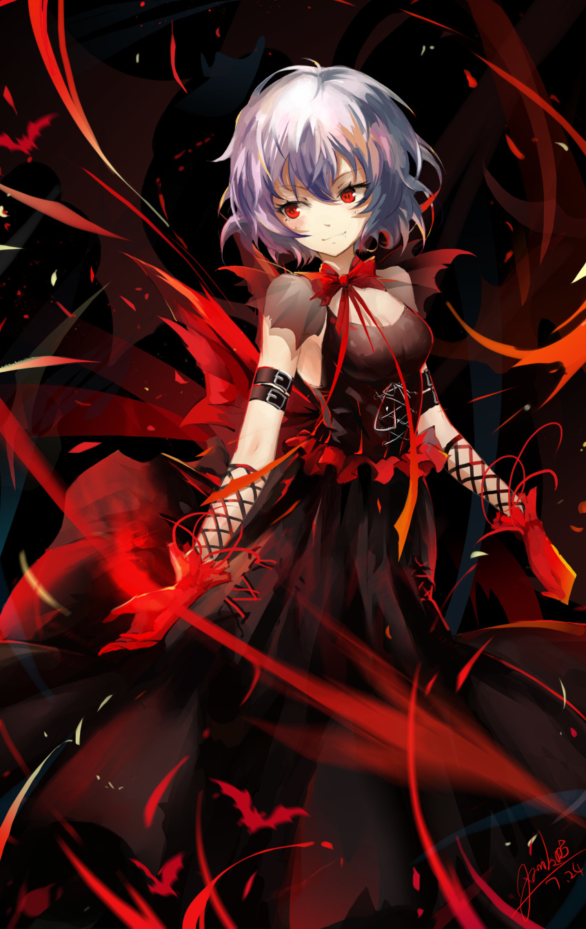 1girl absurdres alternate_costume bat bat_wings black_dress bow dated dress fang frills gloves highres lavender_hair looking_to_the_side nangua_mache no_hat red_eyes red_gloves remilia_scarlet short_hair signature smile solo touhou wings