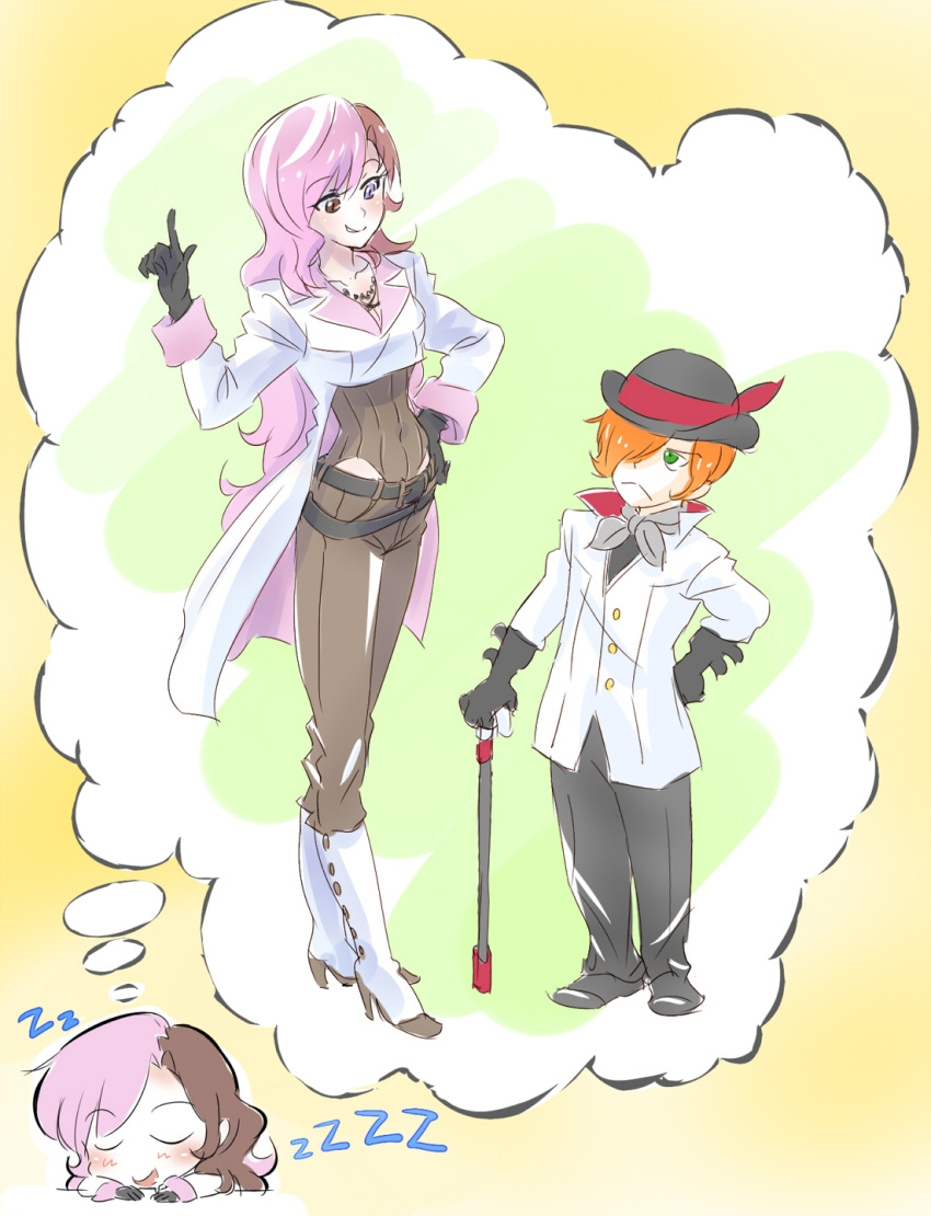 1boy 1girl boots brown_hair cropped_jacket dreaming gloves hair_over_one_eye hat height_difference height_swap helpyourselfish heterochromia highres long_hair multicolored_hair neo_(rwby) pink_eyes roman_torchwick rwby sleeping solo two-tone_hair very_long_hair