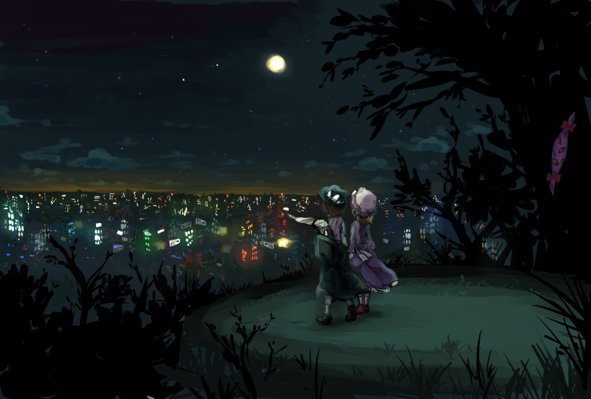2girls blonde_hair brown_hair city city_lights clouds dress from_behind full_moon gap grass hat hat_ribbon highres holding_hands maribel_hearn mob_cap moon multiple_girls night night_sky outdoors outstretched_arm pmx pointing ribbon short_hair sketch skirt sky star_(sky) touhou tree usami_renko