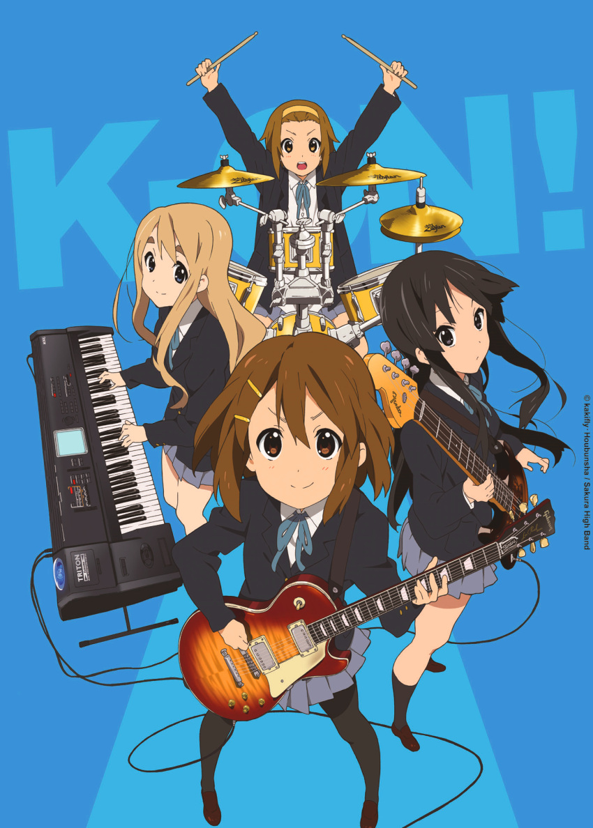 akiyama_mio bass_guitar black_hair blonde_hair blue_eyes blush brown_eyes brown_hair drum guitar highres hirasawa_yui instrument k-on! keyboard_(instrument) kotobuki_tsumugi long_hair multiple_girls official_art open_mouth pantyhose school_uniform short_hair skirt smile tainaka_ritsu