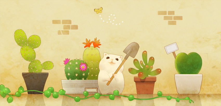 :3 brick_wall butterfly cactus hamster no_humans original otoufu_(12488682) plant potted_plant shovel solo worktool