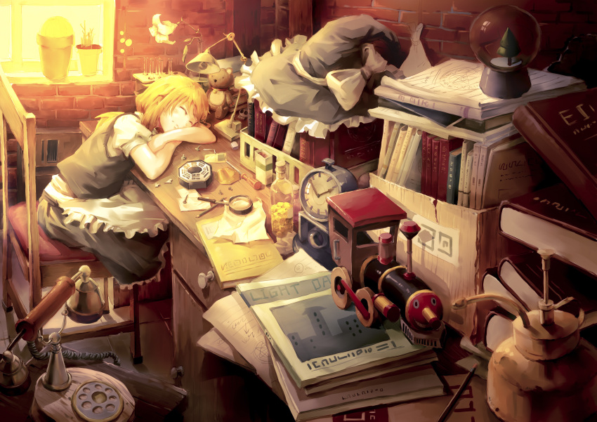 1girl absurdres alarm_clock apron blonde_hair book book_stack bottle box brick_wall chair chen_bin clock desk desk_lamp flower hat hat_removed headwear_removed highres indoors kirisame_marisa long_hair magazine magnifying_glass mini-hakkero plant potted_plant puffy_short_sleeves puffy_sleeves rotary_phone screwdriver short_sleeves skirt skirt_set sleeping snow_globe solo stuffed_animal stuffed_toy teddy_bear touhou toy_train waist_apron window witch_hat