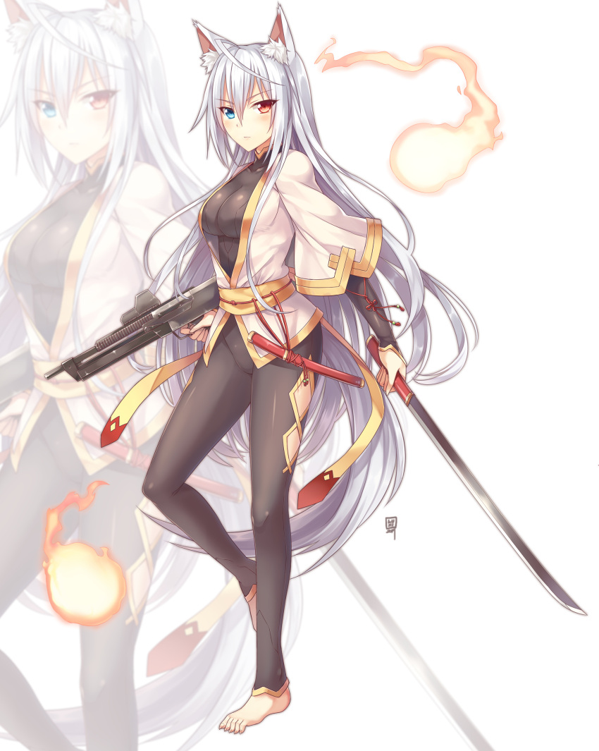 1girl absurdres animal_ears artist_request assault_rifle barefoot blush bodysuit dagger feet fox_ears fox_tail gun heterochromia highres japanese_clothes katana kimono long_hair nail obi open_clothes open_kimono original pants rifle sash shirasaya short_kimono sword tail tight tight_pants toenails weapon white_hair