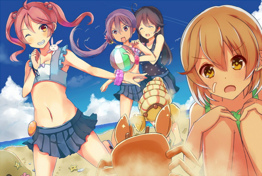 +_+ 4girls ahoge akebono_(kantai_collection) ball bandaid bandaid_on_face bare_shoulders beach beachball black_hair blue_skirt blue_sky blush brown_eyes crab full-face_blush grin hair_bobbles hair_ornament hands_on_another's_shoulders hinauri_(nurupon) kantai_collection light_brown_hair long_hair multiple_girls navel oboro_(kantai_collection) one-piece_swimsuit one_eye_closed open_mouth pink_hair pleated_skirt polka_dot rabbit sazanami_(kantai_collection) short_hair side_ponytail skirt sky smile sweatdrop swimsuit twintails ushio_(kantai_collection)