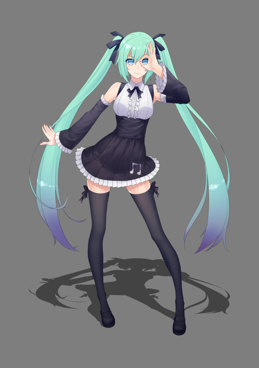 1girl absurdres aqua_eyes aqua_hair contrapposto daye_bie_qia_lian detached_sleeves frills full_body gradient_hair grey_background hair_ribbon hatsune_miku highres long_hair looking_at_viewer multicolored_hair musical_note pose project_diva project_diva_2nd ribbon shadow smile solo thighhighs twintails very_long_hair vocaloid zettai_ryouiki