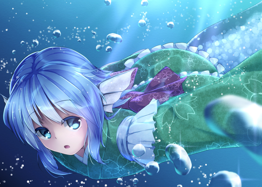 1girl blue_eyes blue_hair bubble head_fins japanese_clothes kimono looking_at_viewer mermaid monster_girl obi open_mouth pokio sash solo touhou underwater wakasagihime wide_sleeves