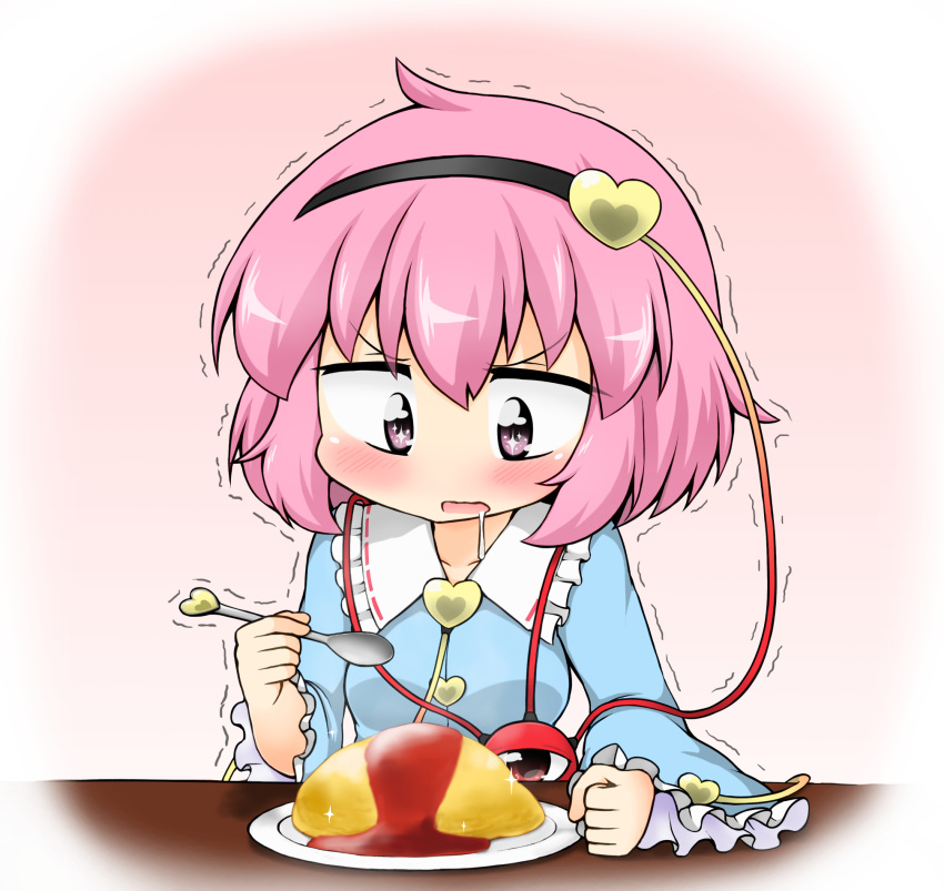 1girl blouse chibi clenched_hand drooling food frilled_sleeves frills hairband heart highres ketchup komeiji_satori long_sleeves omurice pink_background pink_hair plate short_hair solo sparkle sparkling_eyes spoon suwa_yasai table third_eye touhou trembling wide_sleeves