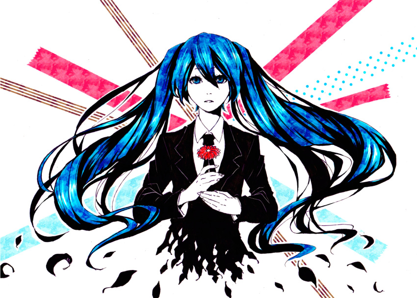 1girl agatsumaattsu blue_hair dissolving flower formal hatsune_miku holding long_hair looking_at_viewer necktie parted_lips saihate_(vocaloid) solo very_long_hair vocaloid