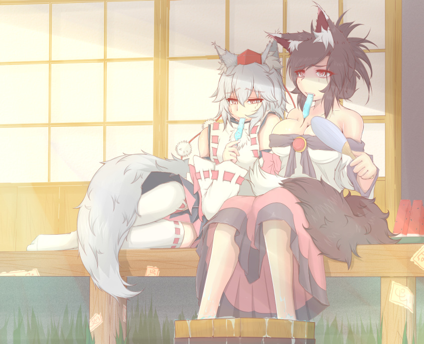 2girls alternate_hairstyle animal_ears bare_shoulders black_hair breasts bucket cleavage cube85 fan food fruit hair_up hat highres hot imaizumi_kagerou inubashiri_momiji large_breasts long_hair multiple_girls popsicle red_eyes ribbon-trimmed_sleeves ribbon-trimmed_thighhighs ribbon_trim short_hair silver_hair sitting soaking_feet tail thigh-highs tokin_hat touhou water watermelon wolf_ears wolf_tail