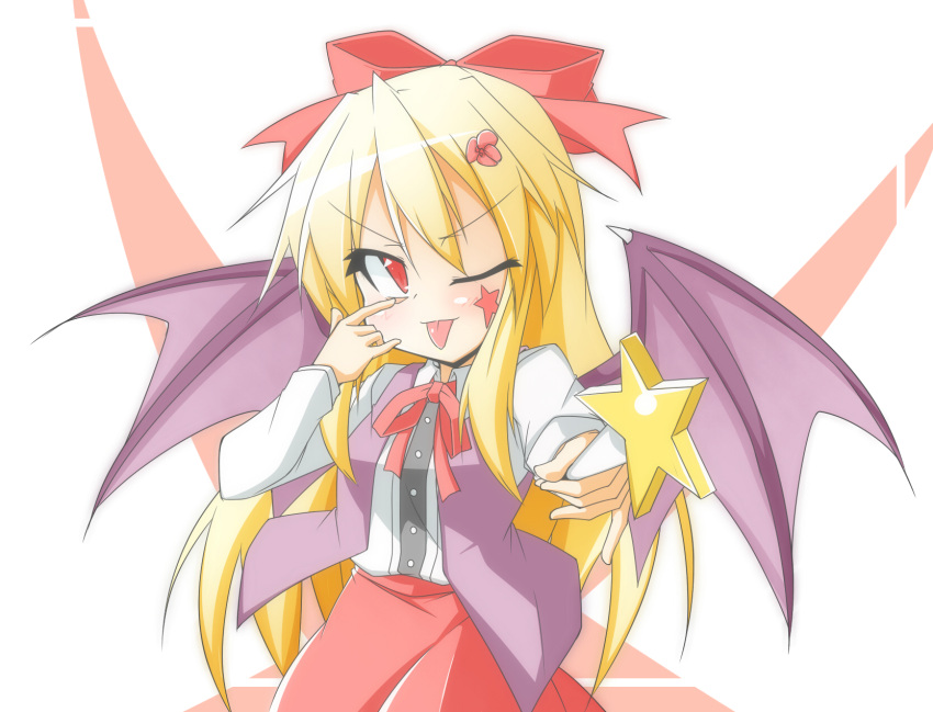 akanbe bat_wings blonde_hair cop_(shokkidana) cowboy_shot dress_shirt elis_(touhou) facial_mark hair_ornament hair_ribbon highres long_hair long_sleeves looking_at_viewer one_eye_closed open_clothes open_vest red_eyes ribbon shirt simple_background skirt star tongue tongue_out touhou touhou_(pc-98) vest wand white_background wings