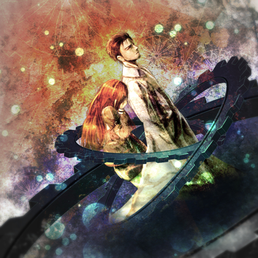 1boy 1girl aruken bent_over brown_hair crying dutch_angle facial_hair gears hands_on_own_face height_difference highres labcoat looking_away makise_kurisu okabe_rintarou steins;gate