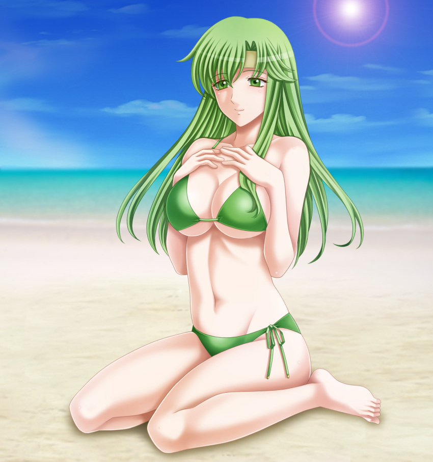 1girl barefoot beach bikini breasts cleavage fire_emblem fire_emblem:_mystery_of_the_emblem green_eyes green_hair headband highres large_breasts long_hair navel ocean paola sitting sky smile solo swimsuit tamamon water
