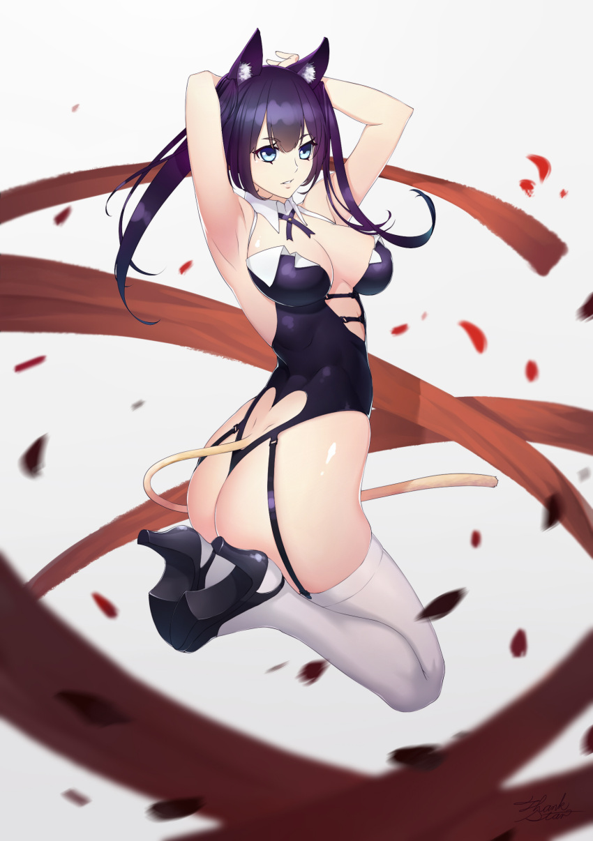 1girl absurdres animal_ears armpits arms_behind_head ass ass_cutout blue_eyes breasts cat_ears cat_tail cleavage daye_bie_qia_lian detached_collar garter_straps heart_cutout high_heels highres large_breasts long_hair original parted_lips petals purple_hair revealing_clothes skindentation solo tail thigh-highs twintails white_legwear