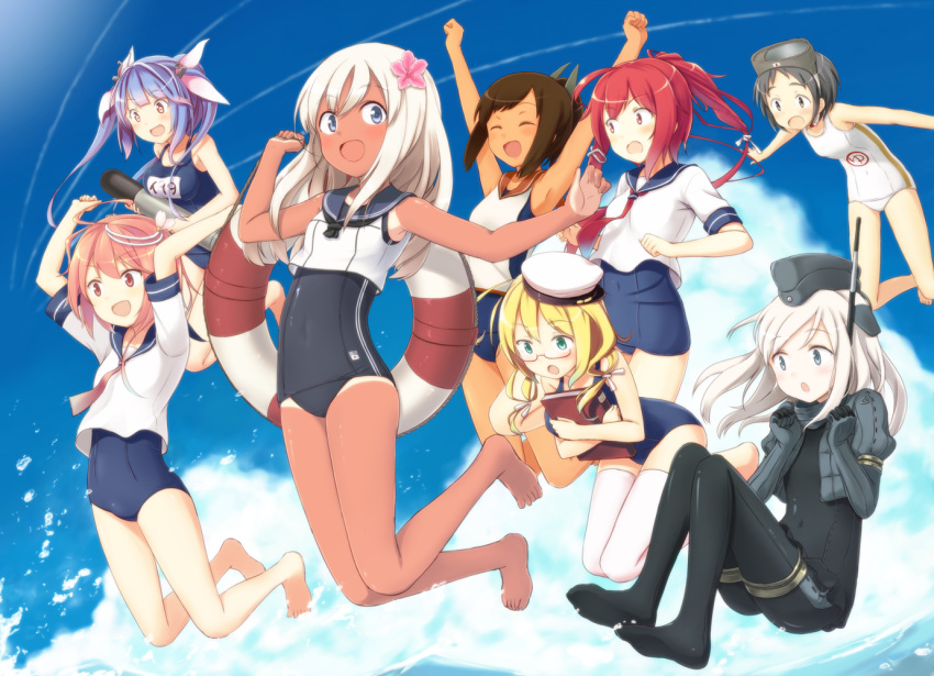 6+girls :d :o ^_^ ahoge aqua_eyes arms_up bangs bare_arms bare_legs bare_shoulders black_dress black_eyes black_hair black_legwear blonde_hair blue_eyes blue_hair blue_sky blue_swimsuit blush book breast_rest breasts brown_hair cherry_blossoms choker cleavage clenched_hand closed_eyes clothes_writing clouds collarbone condensation_trail covered_navel crop_top crop_top_overhang cropped_jacket diving_mask diving_mask_on_head double_vertical_stripe dress dual_persona engiyoshi fang flower garrison_cap glasses gradient_hair hair_between_eyes hair_flower hair_ornament hair_ribbon hat holding holding_book i-168_(kantai_collection) i-19_(kantai_collection) i-401_(kantai_collection) i-58_(kantai_collection) i-8_(kantai_collection) japanese_flag jumping kantai_collection knees_together_feet_apart leaning_forward lifebuoy long_hair long_sleeves looking_at_another looking_away looking_down looking_to_the_side low_twintails maru-yu_(kantai_collection) military military_uniform multicolored_hair multiple_girls name_tag ocean old_school_swimsuit one-piece_swimsuit one-piece_tan open_mouth outdoors pantyhose petals pink_eyes pink_hair pink_ribbon ponytail puffy_long_sleeves puffy_sleeves purple_hair red-framed_glasses red_eyes redhead ribbon ro-500_(kantai_collection) sailor_hat school_swimsuit school_uniform semi-rimless_glasses serafuku shiny shiny_clothes shiny_skin shirt short_hair short_ponytail short_sleeves sky sleeveless sleeveless_shirt smile star star-shaped_pupils swimsuit symbol-shaped_pupils tan tanline thigh-highs thigh_strap torpedo tri_tails twintails u-511_(kantai_collection) under-rim_glasses uniform water white_hair white_legwear white_ribbon white_school_swimsuit white_swimsuit zettai_ryouiki