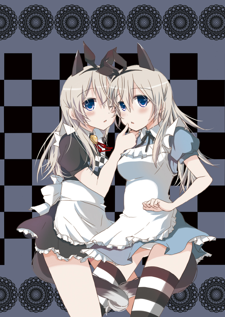 2girls alice_(wonderland)_(cosplay) alice_in_wonderland alternate_costume animal_ears apron blue_eyes blush bolo_tie checkered checkered_background crossover dress dual_persona eila_ilmatar_juutilainen hairband hand_on_another's_chin hand_on_another's_face highres long_hair multiple_girls neck_ribbon open_mouth ribbon silver_hair strike_witches striped striped_legwear suomio tail thigh-highs
