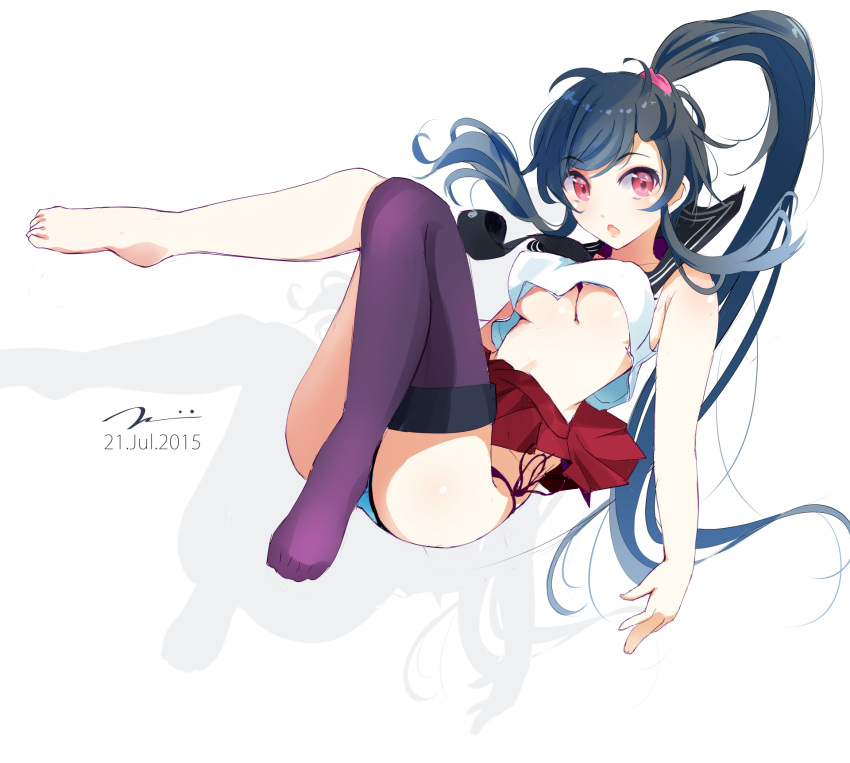 1girl asymmetrical_legwear bare_arms black_hair breasts highres kantai_collection long_hair looking_at_viewer midriff navel open_mouth panties pantyshot payot pleated_skirt ponytail red_eyes school_uniform scrunchie serafuku single_thighhigh skirt solo tbd11 thigh-highs under_boob underwear yahagi_(kantai_collection)