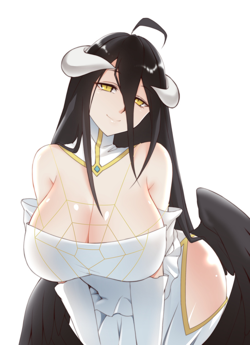 ahoge albedo bare_shoulders bent_over black_hair black_wings breasts cleavage demon_girl demon_horns dress elbow_gloves gloves head_tilt highres hip_vent horns large_breasts long_hair looking_at_viewer overlord_(maruyama) smile v_arms very_long_hair white_dress white_gloves wings x&amp;x&amp;x yellow_eyes