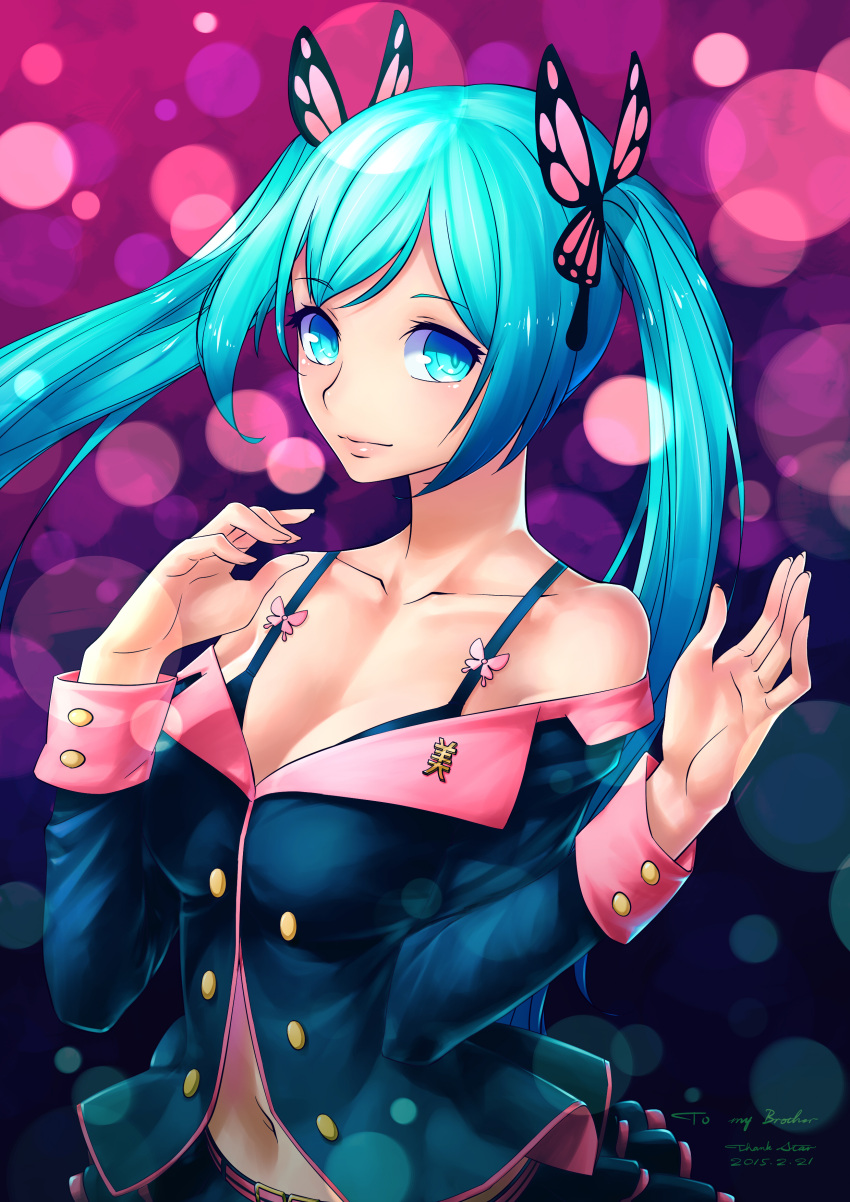 1girl absurdres blue_eyes blue_hair bra butterfly_hair_ornament collarbone dated daye_bie_qia_lian hair_ornament hatsune_miku highres jacket lens_flare light_smile long_hair looking_at_viewer navel off_shoulder project_diva project_diva_f solo sweet_devil_(vocaloid) twintails underwear vocaloid