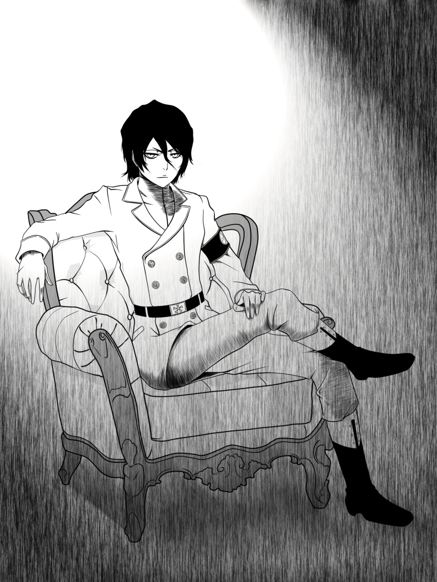 1boy armband bleach boots chair crossed_legs gloves highres military military_jacket military_uniform monochrome short_hair uniform wandenreich white_clothes yhwach younger