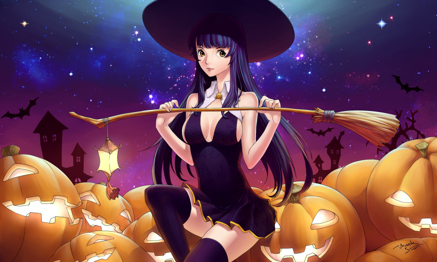 1girl bat blue_dress blue_hair breasts broom brown_eyes cleavage_cutout daye_bie_qia_lian dress female halloween hat highres jack-o'-lantern lantern long_hair looking_to_the_side night original solo star_(sky) thighhighs witch witch_hat