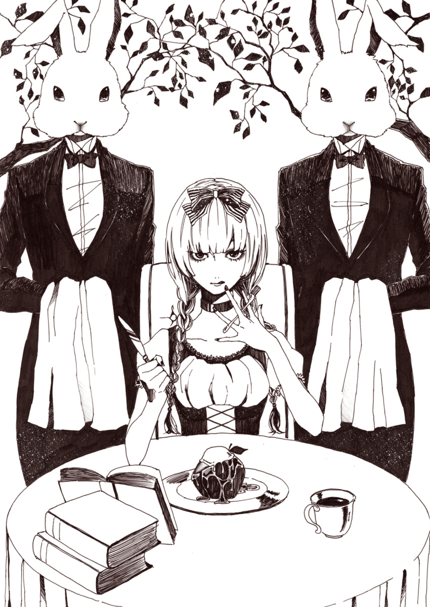 1girl agatsumaattsu apple book choker food fork fruit highres knife looking_at_viewer monochrome original serious solo table twintails
