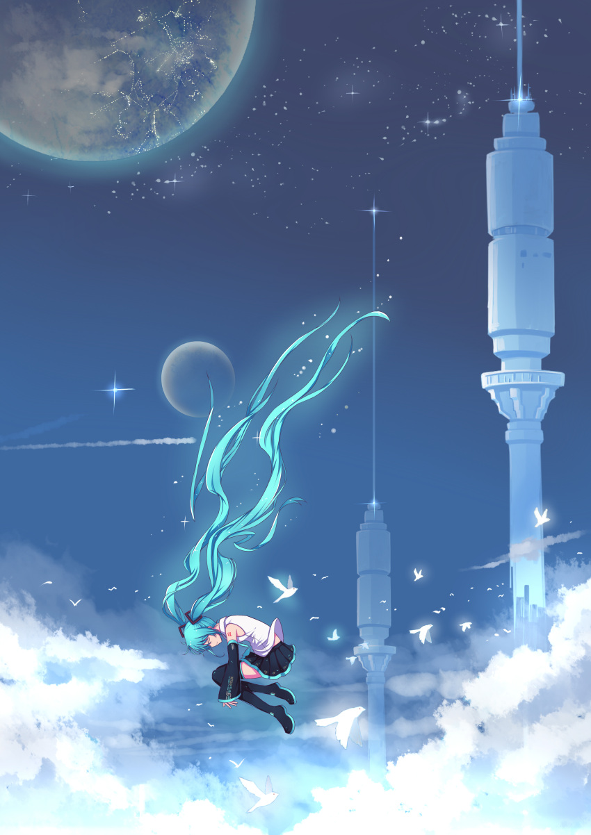 1girl absurdres aqua_hair ashirayt bird blue closed_eyes detached_sleeves falling fetal_position hatsune_miku highres long_hair necktie planet scenery skirt sky smile solo twintails very_long_hair vocaloid