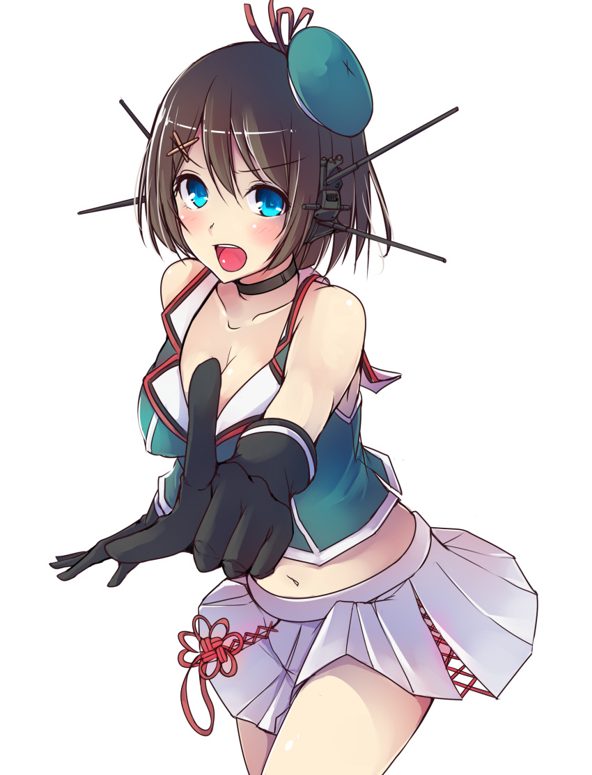 1girl black_gloves blue_eyes blush breasts brown_hair cleavage collarbone cowboy_shot gloves hair_ornament hairclip hat headgear highres index_finger_raised kantai_collection korezyanai large_breasts looking_at_viewer maya_(kantai_collection) midriff miniskirt navel open_mouth pleated_skirt remodel_(kantai_collection) short_hair simple_background skirt solo white_background