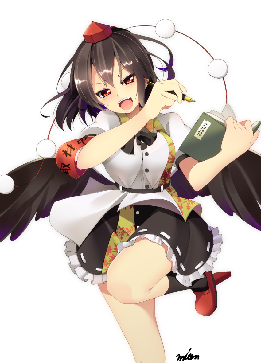 &gt;:d 1girl :d artist_name black_hair black_legwear black_wings blush buttons fang feathered_wings fountain_pen frilled_skirt frills geta hat highres looking_at_viewer miniskirt miton15 notebook open_mouth pen puffy_short_sleeves puffy_sleeves red_eyes ribbon-trimmed_skirt shameimaru_aya short_hair short_sleeves signature simple_background skirt smile socks solo standing_on_one_leg tengu-geta tokin_hat touhou upper_body white_background wings