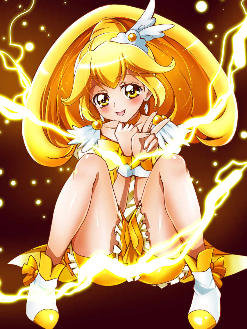 1girl absurdres bike_shorts blonde_hair blush brown_background choker cure_peace earrings electricity highres jewelry kise_yayoi long_hair magical_girl precure sharumon shoes shorts_under_skirt sitting skirt smile smile_precure! solo v white_shoes yellow_bike_shorts yellow_eyes yellow_skirt