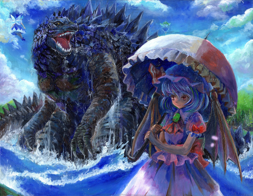 3girls ascot bat_wings blue_dress blue_hair blue_shoes blue_sky bow brooch cirno clouds daiyousei dress fairy fairy_wings flying forest frilled_collar frilled_sleeves frills godzilla green_hair hair_bow harikona hat hat_bow highres holding_umbrella ice ice_wings jewelry lake looking_to_the_side mob_cap mountain multiple_girls nature parasol pink_shirt pink_skirt red_eyes remilia_scarlet sharp_teeth shirt shoes short_hair side_ponytail skirt sky smile touhou traditional_media umbrella water wings yellow_eyes