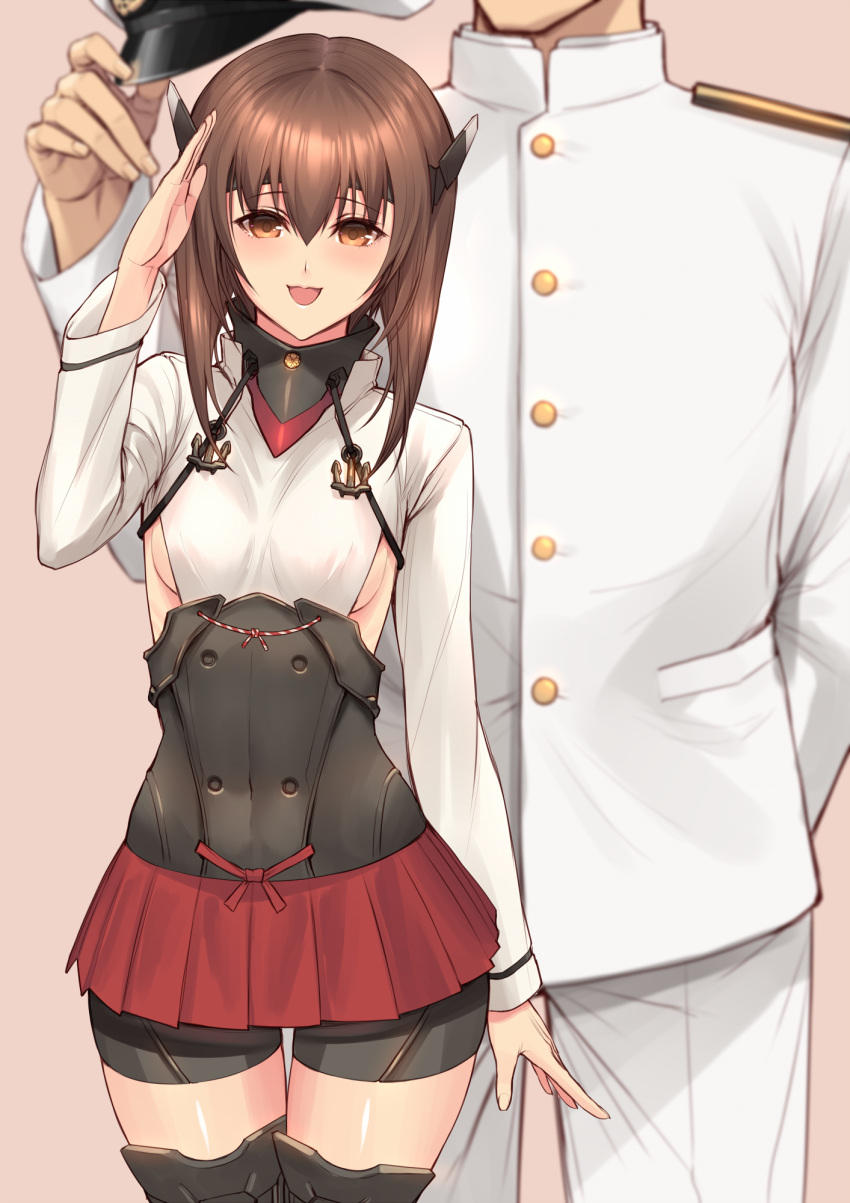 1girl admiral_(kantai_collection) brown_eyes brown_hair hat hat_removed headband headgear headwear_removed highres kantai_collection looking_at_viewer military military_uniform open_mouth salute short_hair sigm@ smile taihou_(kantai_collection) uniform