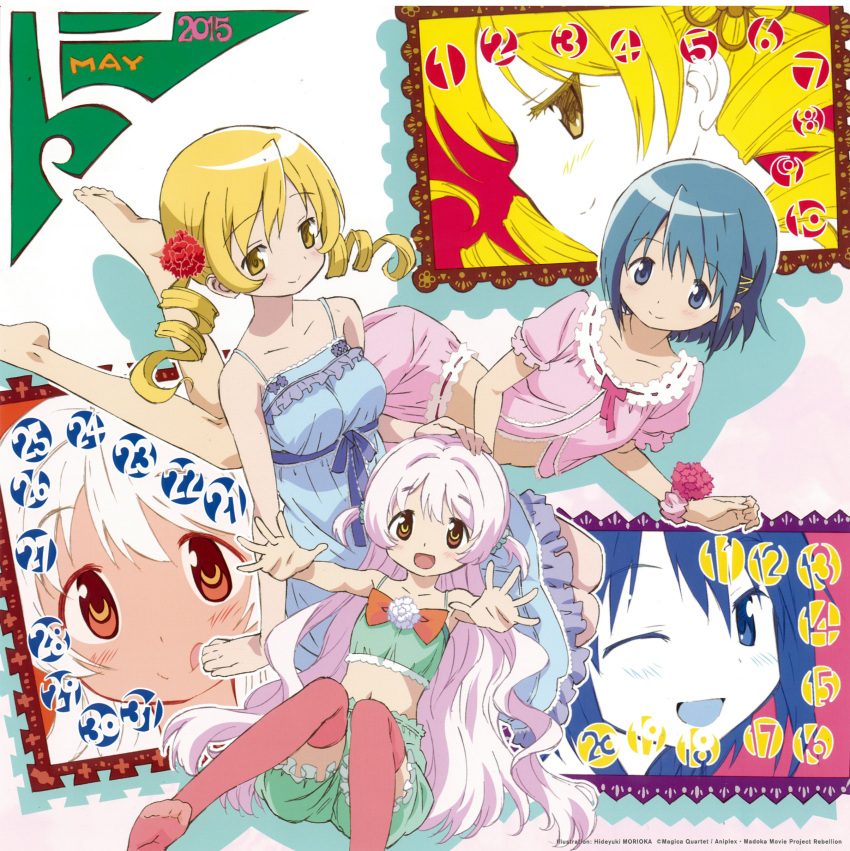 2015 3girls absurdres blonde_hair blue_eyes blue_hair blush calendar drill_hair flower from_above hair_flower hair_ornament hairpin highres long_hair looking_at_viewer lying lying_on_person mahou_shoujo_madoka_magica mahou_shoujo_madoka_magica_movie may miki_sayaka momoe_nagisa multiple_girls official_art one_eye_closed pajamas short_hair smile spot_color tomoe_mami tongue tongue_out twin_drills twintails two_side_up white_hair yellow_eyes