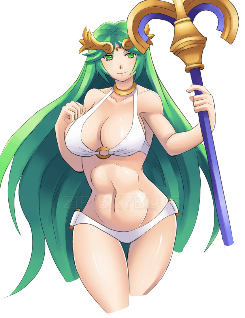 1girl absurdres bikini breasts cleavage green_eyes green_hair highres kid_icarus kid_icarus_uprising large_breasts long_hair navel palutena ryukenden smile solo staff swimsuit thigh_gap toned watermark white_bikini white_swimsuit