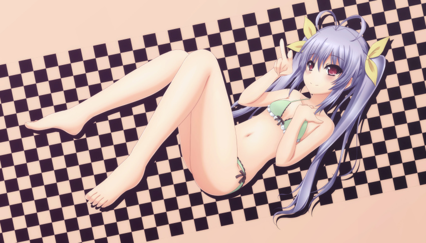 1girl absurdres antenna_hair bikini blush feet hair_ribbon highres long_hair lying miyauchi_renge navel non_non_biyori p_mayuhime purple_hair red_eyes ribbon smile solo swimsuit twintails v