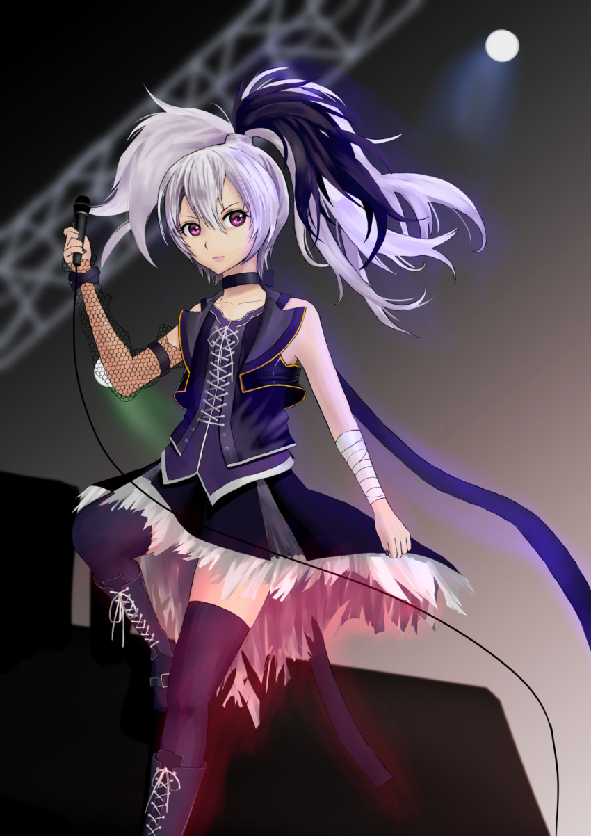 +5cm 1girl bandages bare_shoulders black_hair black_nails black_skirt cable choker collarbone corset feathers fishnets flower_(vocaloid) hair_between_eyes highres holding_microphone microphone multicolored_hair nail_polish one_leg_raised silver_hair skirt solo standing standing_on_one_leg thigh-highs two-tone_hair vest vocaloid wrist_cuffs zettai_ryouiki